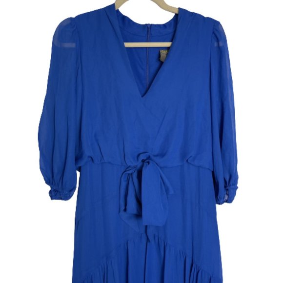 Taylor Elbow Sleeve V-Neck Waist Tie Solid High-Low A-line Chiffon Dress - Picture 9 of 13
